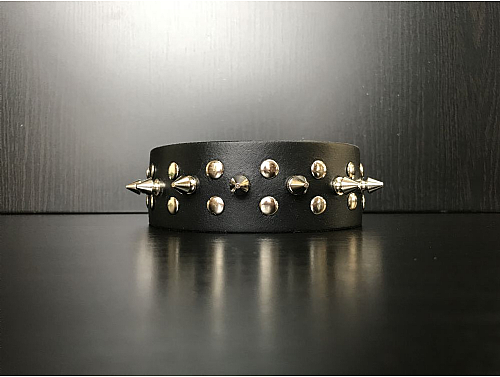 Black/1 Spike Studs - Leather Dog Collar - Size L
